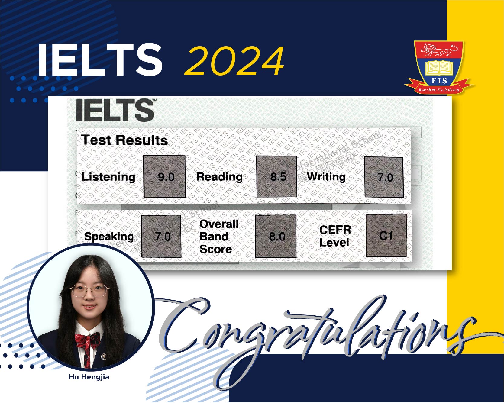 Hu Hengjia achieves an outstanding score of 8.0 on her IELTS exam